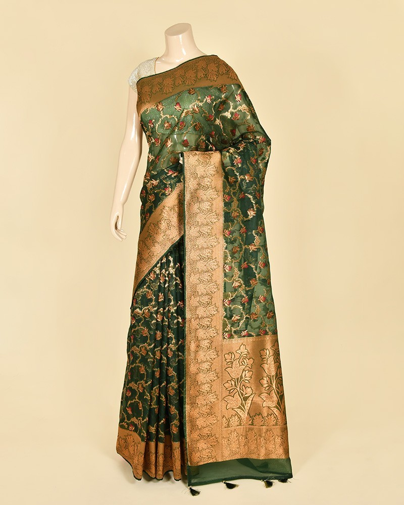 Bottle Green Kora All Over Alfi Jaal Banarasi Saree