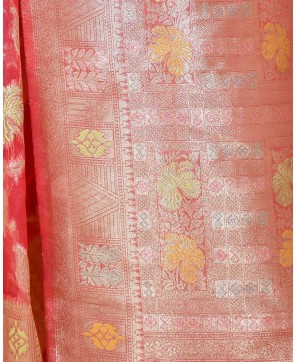 Cherry Color Organza Alfi Jaal Work Banarasi Saree