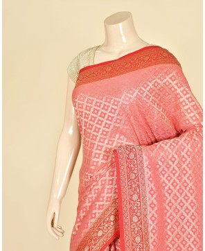 Strawberry Chinon All Over Jaal Saree