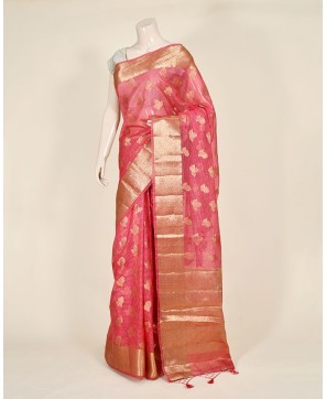 Strawberry Organza Checks Light Weight Saree