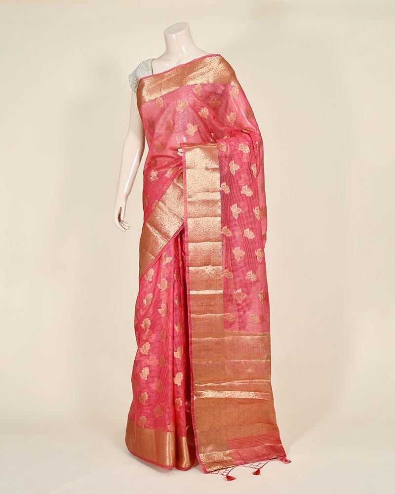 Strawberry Organza Checks Light Weight Saree