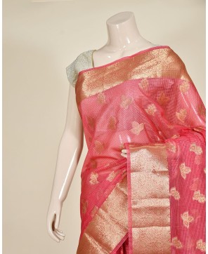 Strawberry Organza Checks Light Weight Saree