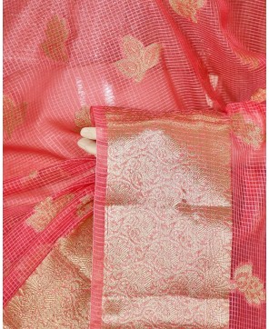 Strawberry Organza Checks Light Weight Saree